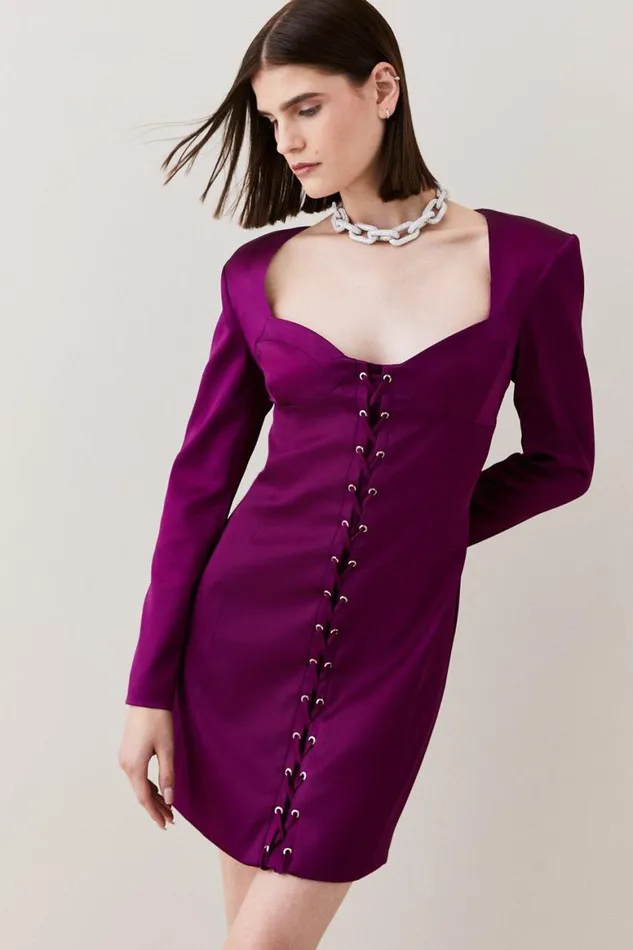 Dresses Women Karen Millen Italian Structured Satin Tie Front Mini Dress Magenta