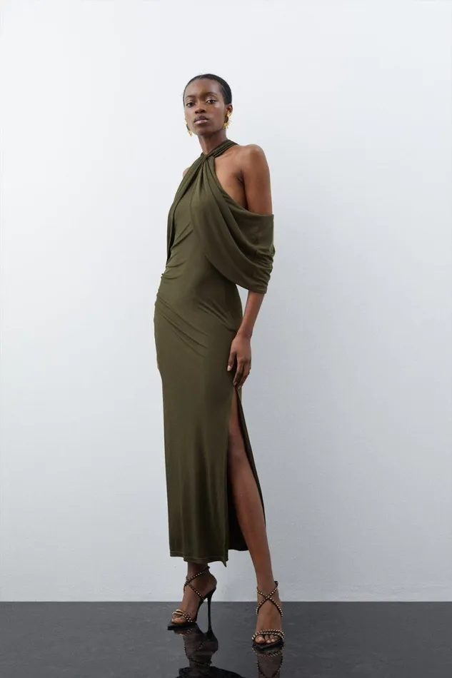Dresses Women Karen Millen Jersey Crepe Cold Shoulder Midi Dress Khaki