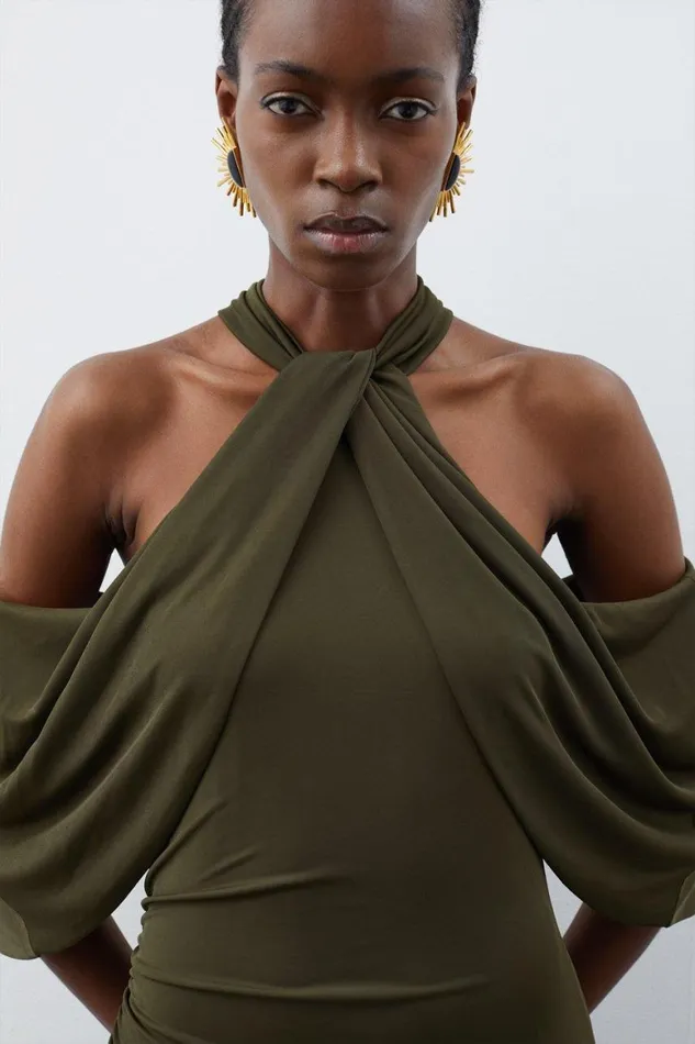Dresses Women Karen Millen Jersey Crepe Cold Shoulder Midi Dress Khaki