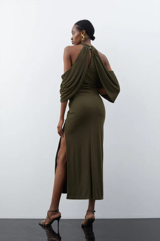 Dresses Women Karen Millen Jersey Crepe Cold Shoulder Midi Dress Khaki