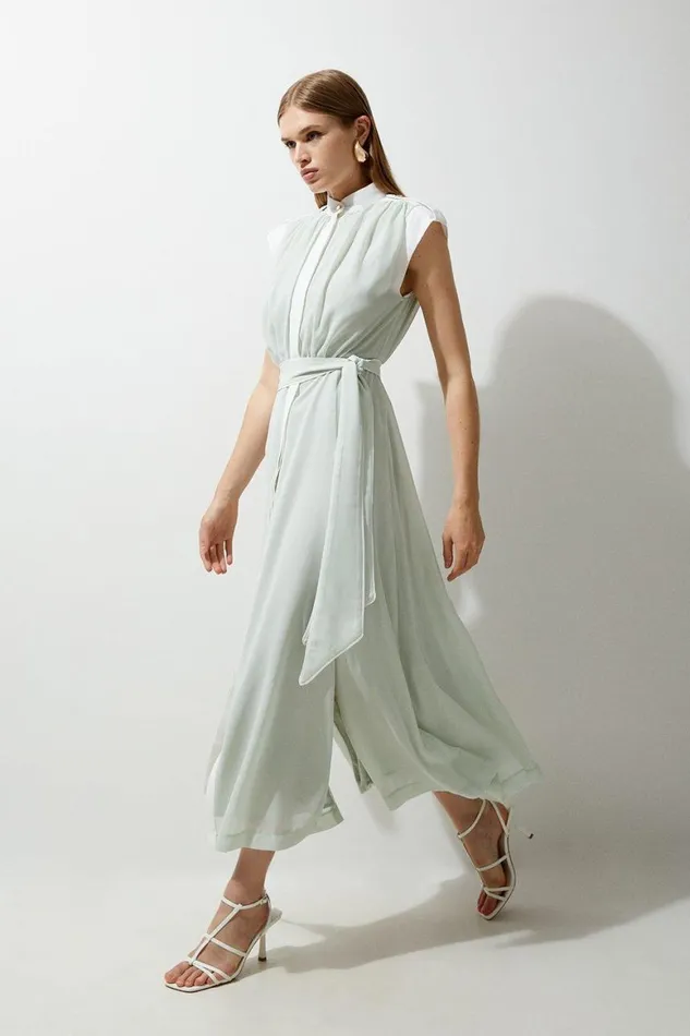 Dresses Women Karen Millen Military Mono Sleeveless Belted Woven Midi Dress Sage