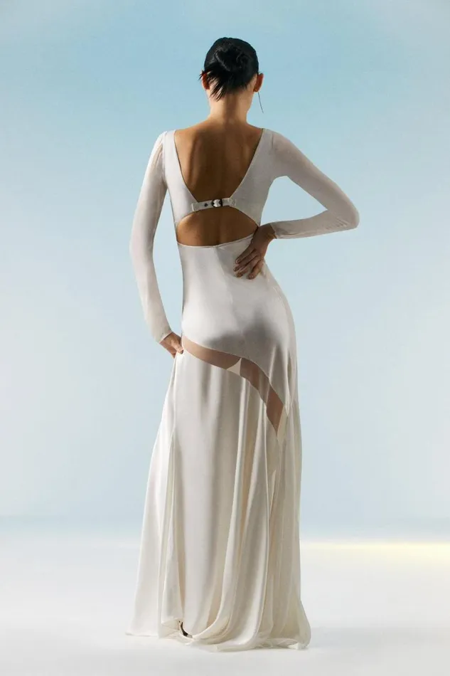 Dresses Women Karen Millen OOTO Sheer Panelled Long Sleeve Woven Maxi Dress Ivory