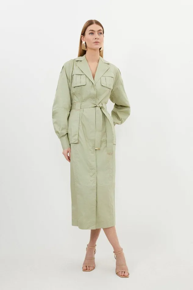 Dresses Women Karen Millen Petite Cotton Sateen Woven Maxi Shirt Dress Khaki