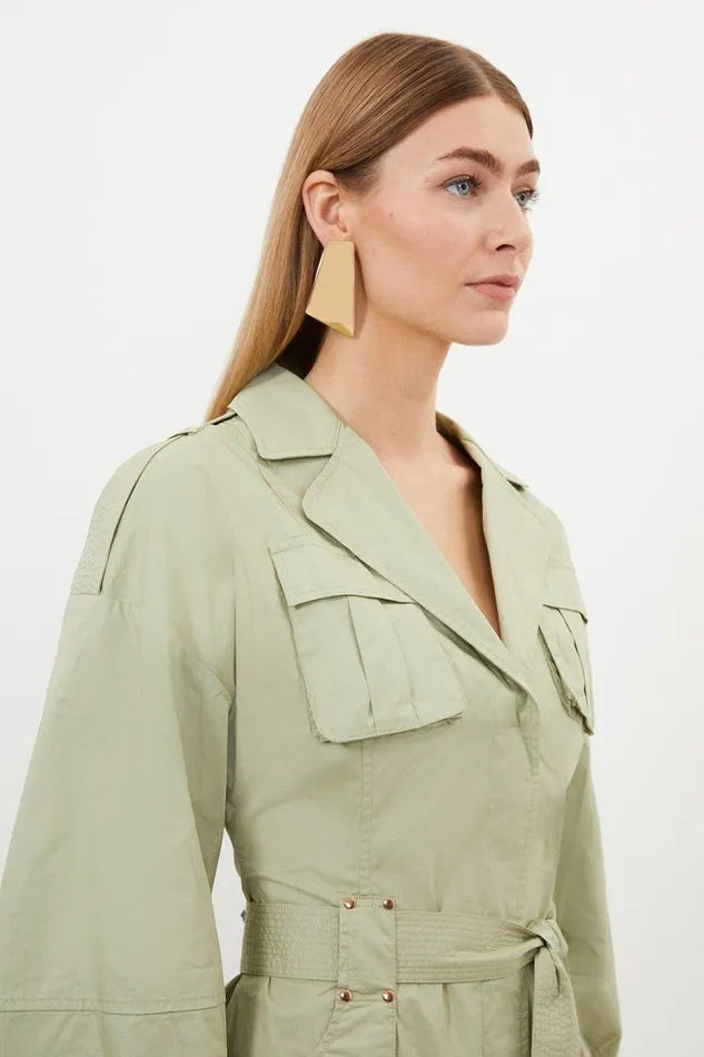 Dresses Women Karen Millen Petite Cotton Sateen Woven Maxi Shirt Dress Khaki