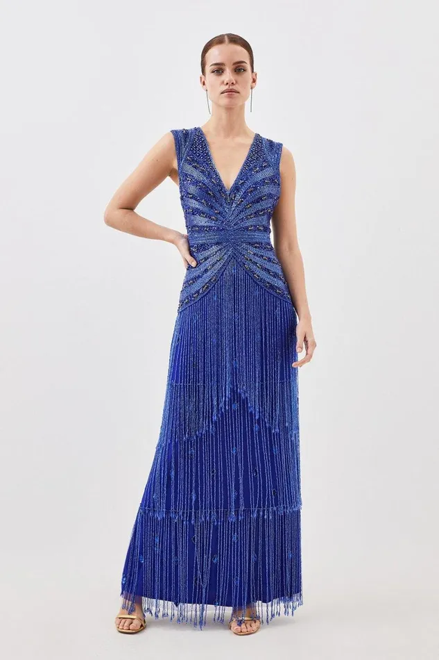 Dresses Women Karen Millen Petite Embellished Beaded Woven Maxi Dress Cobalt