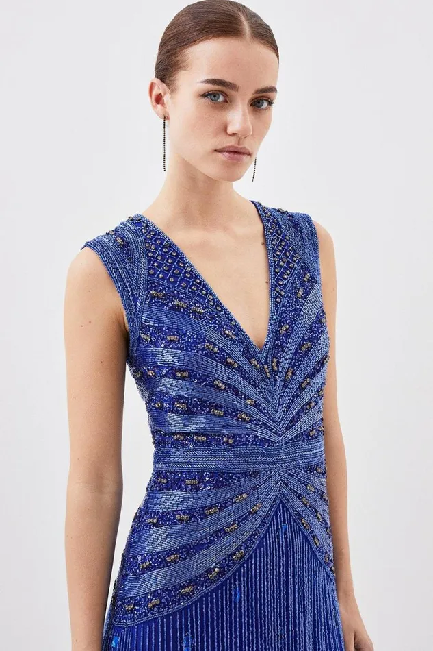 Dresses Women Karen Millen Petite Embellished Beaded Woven Maxi Dress Cobalt