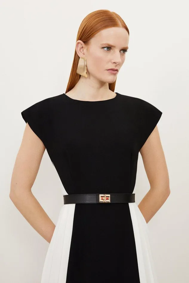 Dresses Women Karen Millen Petite Fluid Tailored Contrast Pleated Panel Skirt Midi Dress Mono