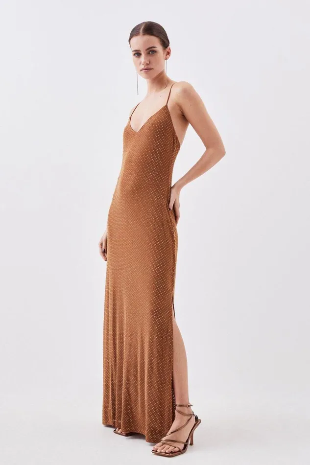 Dresses Women Karen Millen Petite Jersey Embellished Strappy Maxi Dress Gold