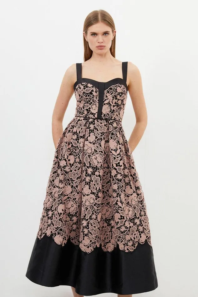 Dresses Women Karen Millen Petite Lace Prom Woven Midi Dress Black