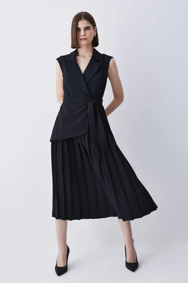 Dresses Women Karen Millen Petite Military Pleat Sleeveless Midi Dress Black