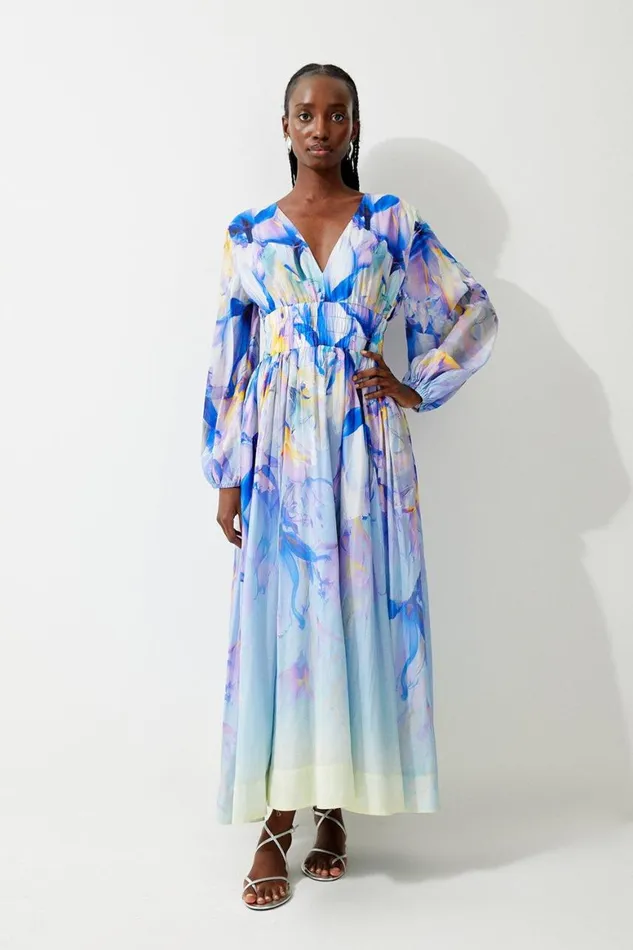 Dresses Women Karen Millen Petite Ombre Floral Silk Cotton Plunge Maxi Dress Blue Dresses Women Karen Millen Petite Ombre Floral Silk Cotton Plunge Maxi Dress Blue