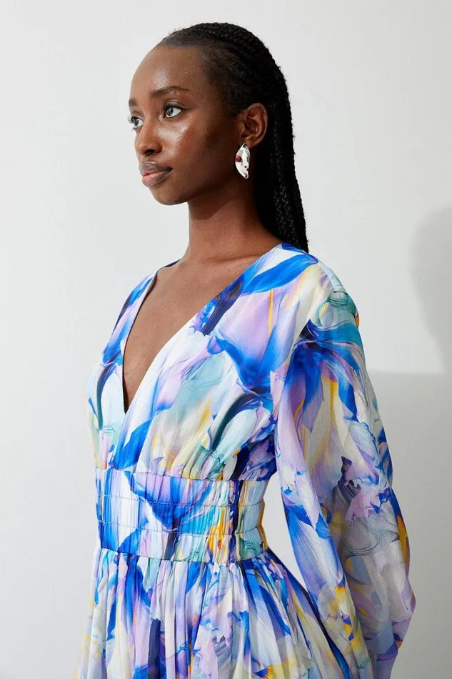 Dresses Women Karen Millen Petite Ombre Floral Silk Cotton Plunge Maxi Dress Blue