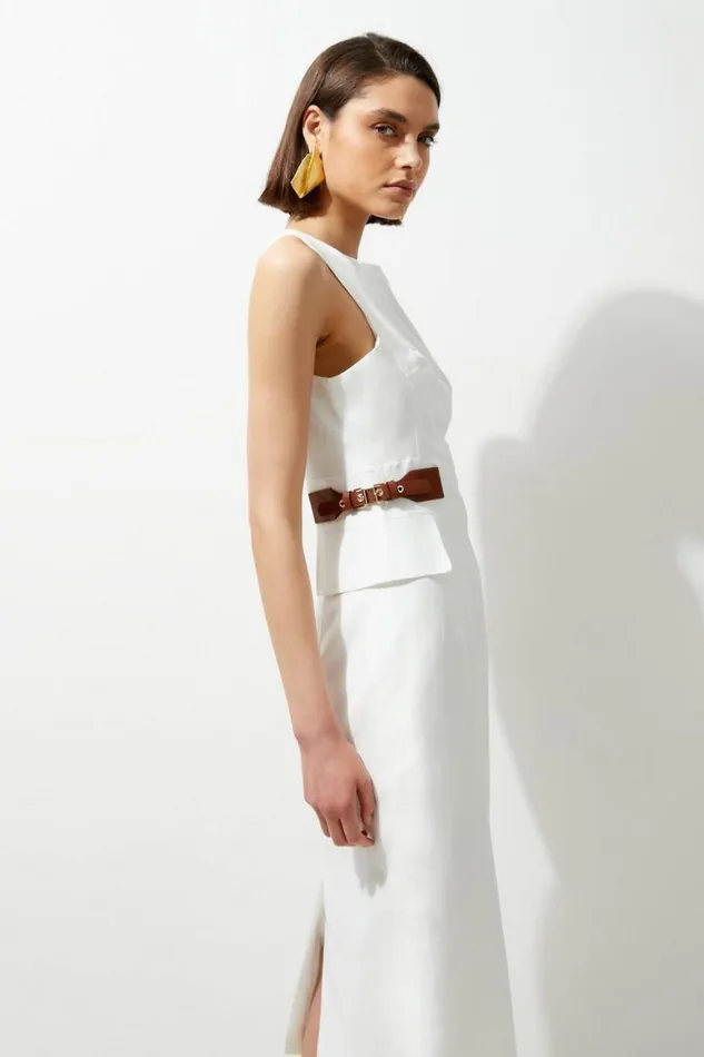 Dresses Women Karen Millen Petite Premium Tailored Linen Tab Waist Pencil Midi Dress Ivory