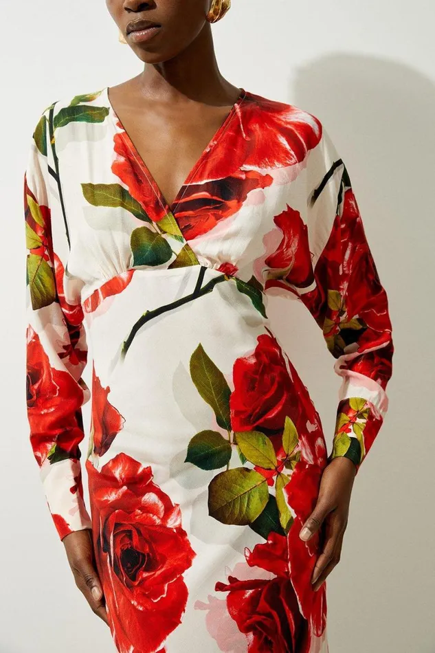 Dresses Women Karen Millen Petite Rose Printed Morocain Woven V Neck Midaxi Dress Rose