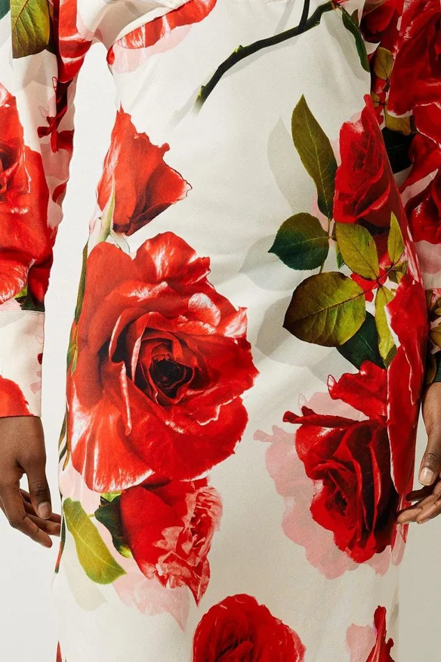 Dresses Women Karen Millen Petite Rose Printed Morocain Woven V Neck Midaxi Dress Rose