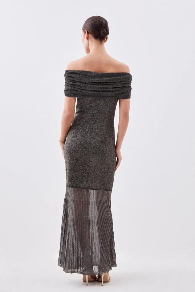 Dresses Women Karen Millen Petite Slinky Viscose Sparkle Bardot Knit Maxi Dress Gold