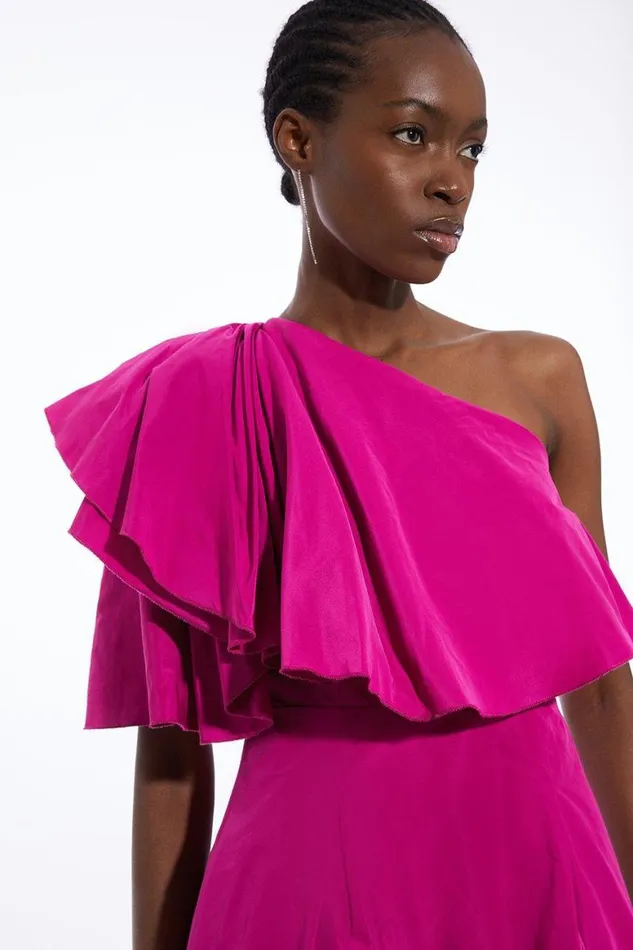 Dresses Women Karen Millen Petite Taffeta One Shoulder Ruffle Midi Dress Hot Pink