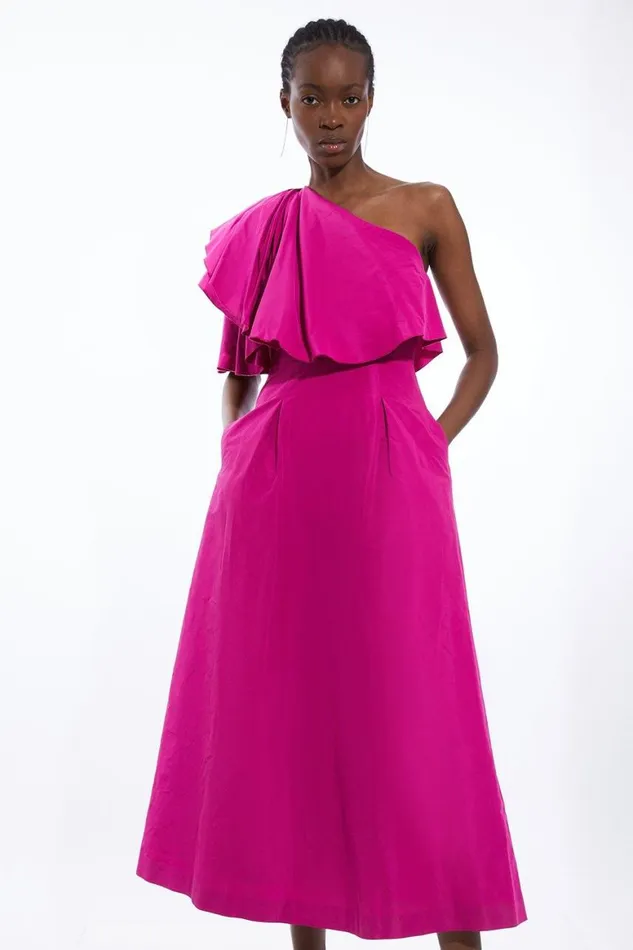 Dresses Women Karen Millen Petite Taffeta One Shoulder Ruffle Midi Dress Hot Pink