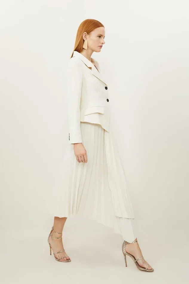 Dresses Women Karen Millen Petite Tailored Crepe Asymmetric Pleated Skirt Dress Ivory