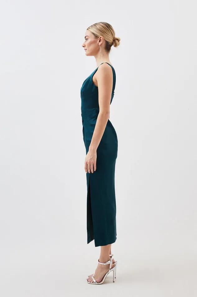 Dresses Women Karen Millen Petite Tailored Italian Structured Satin Corset Detail Maxi Dress Emerald