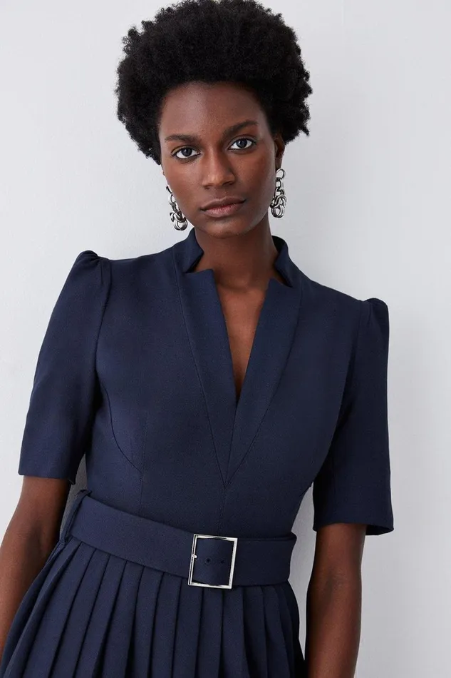 Dresses Women Karen Millen Petite Tailored Structured Crepe Forever Pleat Midi Dress Navy