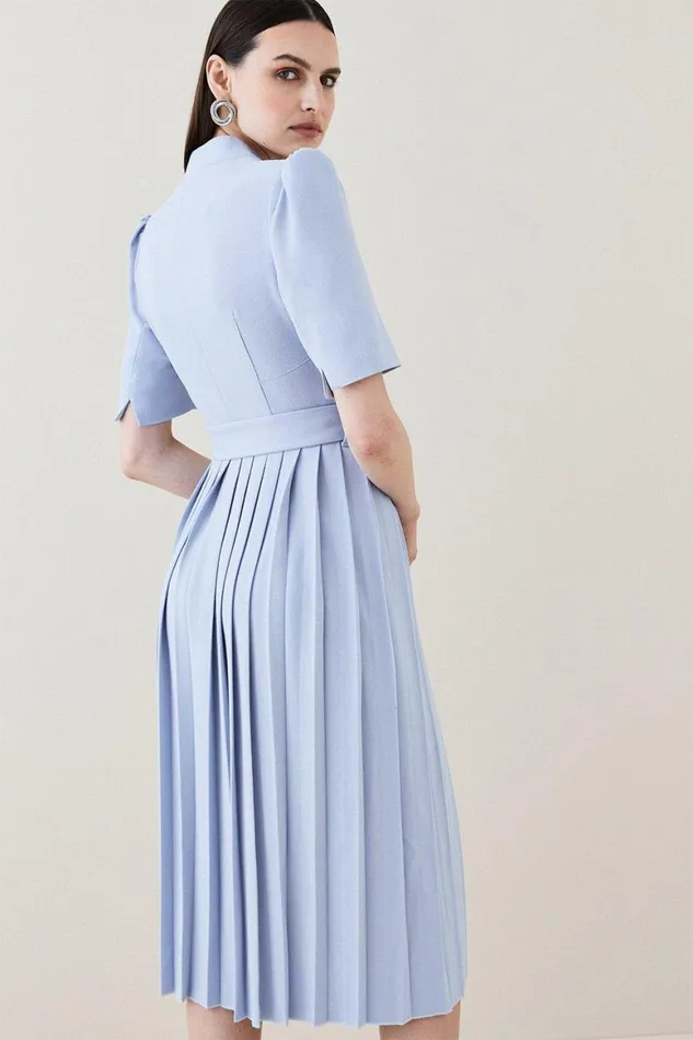 Dresses Women Karen Millen Petite Tailored Structured Crepe Forever Pleat Midi Dress Sky Blue