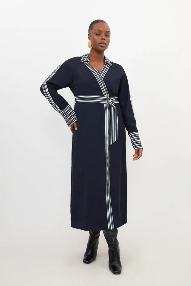 Dresses Women Karen Millen Plus Size Contrast Twill Woven Belted Midaxi Dress Navy