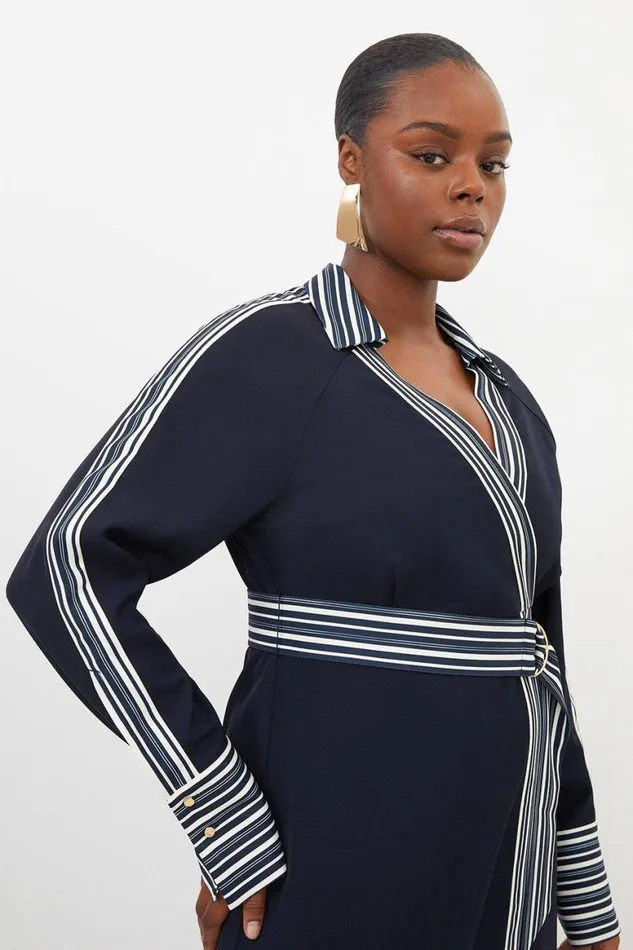 Dresses Women Karen Millen Plus Size Contrast Twill Woven Belted Midaxi Dress Navy