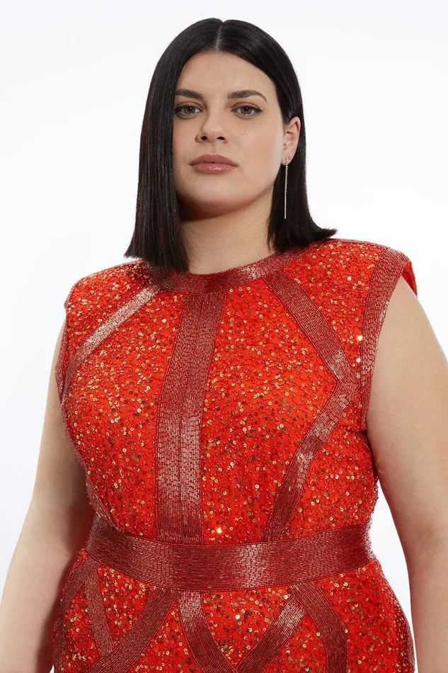 Dresses Women Karen Millen Plus Size Crystal Embellished Strong Shoulder Mini Dress Orange