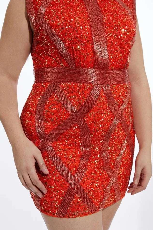 Dresses Women Karen Millen Plus Size Crystal Embellished Strong Shoulder Mini Dress Orange