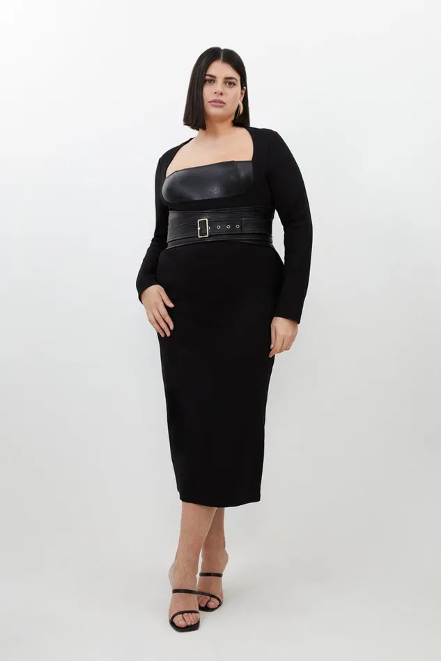 Dresses Women Karen Millen Plus Size Ponte And Pu Mix Buckle Detail Midi Dress Black Dresses Women Karen Millen Plus Size Ponte And Pu Mix Buckle Detail Midi Dress Black