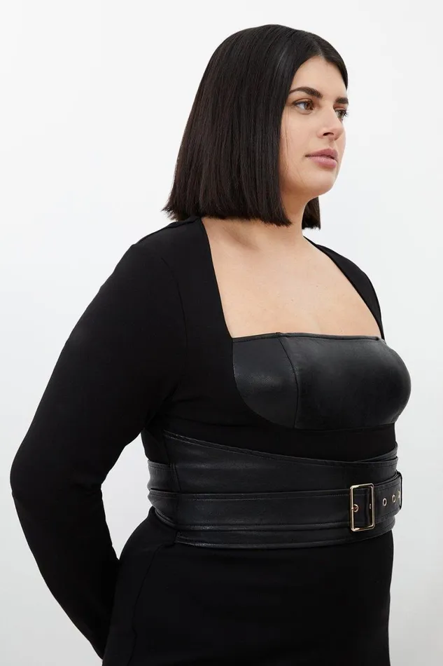 Dresses Women Karen Millen Plus Size Ponte And Pu Mix Buckle Detail Midi Dress Black