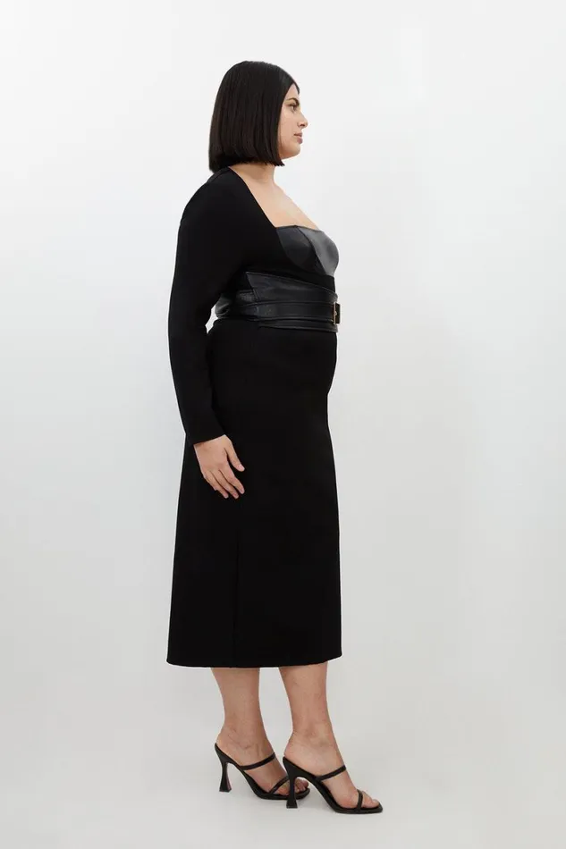 Dresses Women Karen Millen Plus Size Ponte And Pu Mix Buckle Detail Midi Dress Black