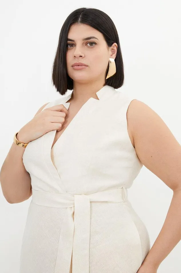 Dresses Women Karen Millen Plus Size Tailored Linen Metallic Notch Neck Maxi Dress Ivory