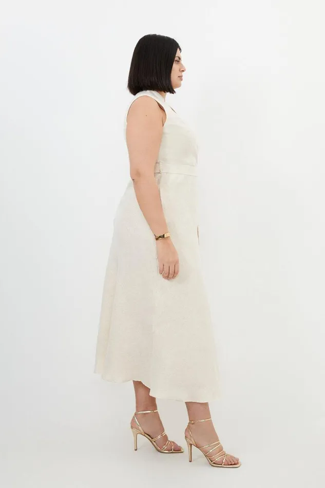 Dresses Women Karen Millen Plus Size Tailored Linen Metallic Notch Neck Maxi Dress Ivory