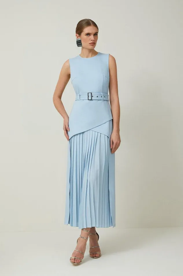 Dresses Women Karen Millen Ponte And Georgette Jersey Pleated Maxi Dress Pale Blue Dresses Women Karen Millen Ponte And Georgette Jersey Pleated Maxi Dress Pale Blue