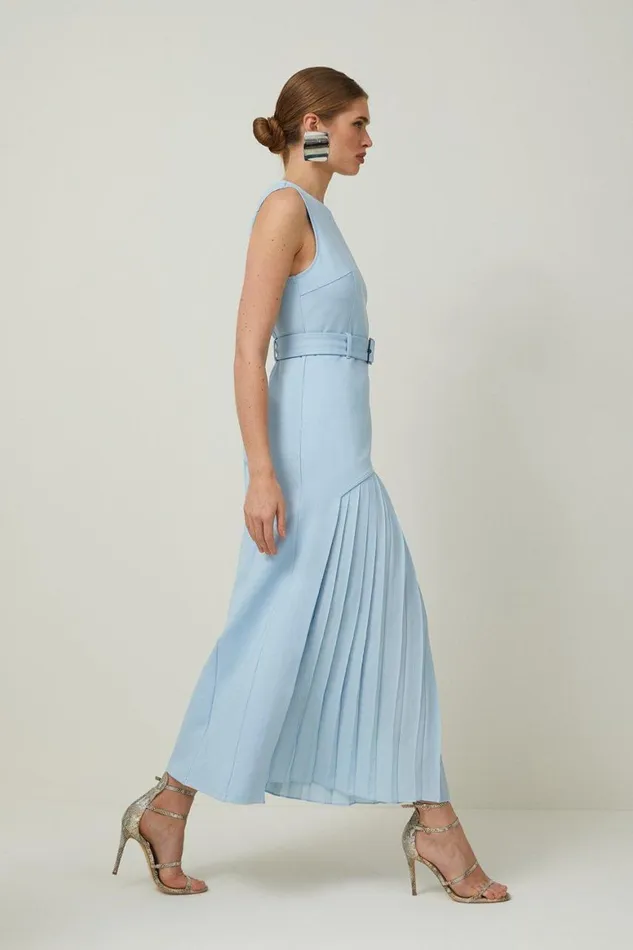 Dresses Women Karen Millen Ponte And Georgette Jersey Pleated Maxi Dress Pale Blue