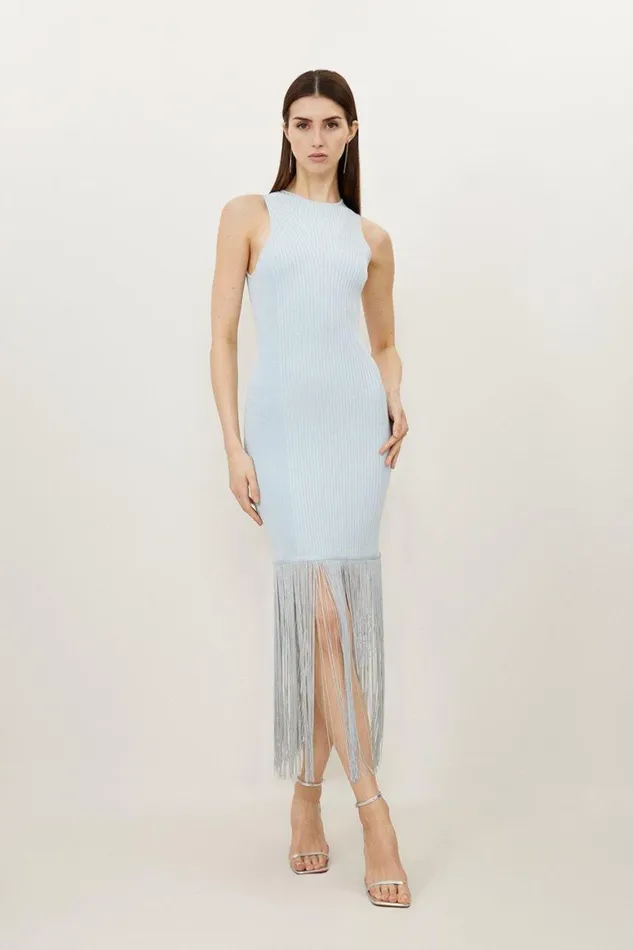Dresses Women Karen Millen Premium Drape Fringe Hem Knit Midi Dress Grey