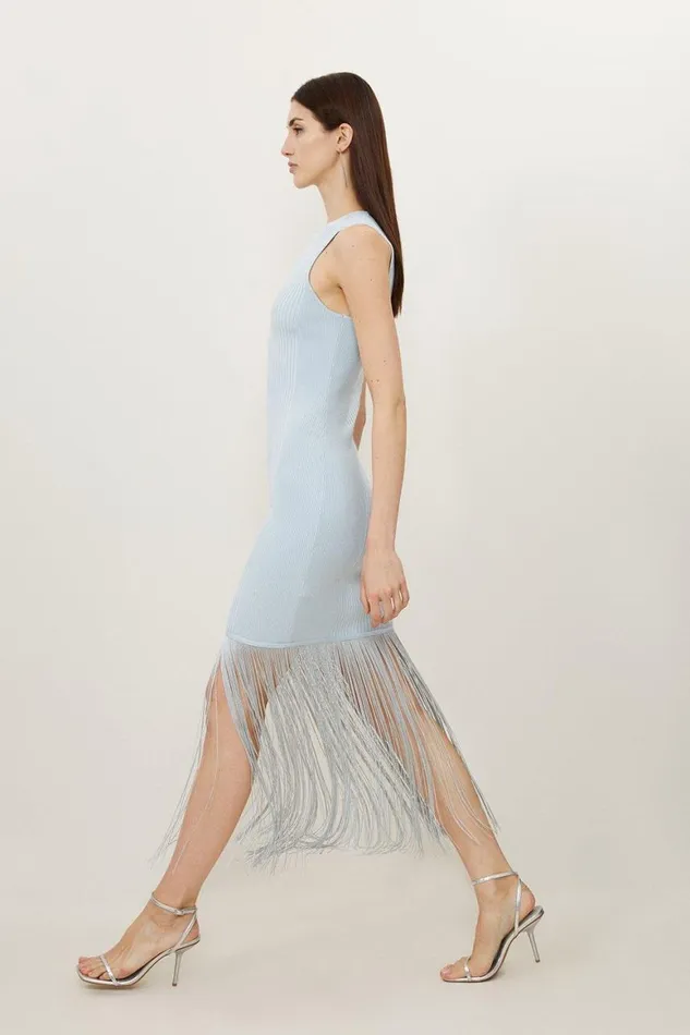 Dresses Women Karen Millen Premium Drape Fringe Hem Knit Midi Dress Grey