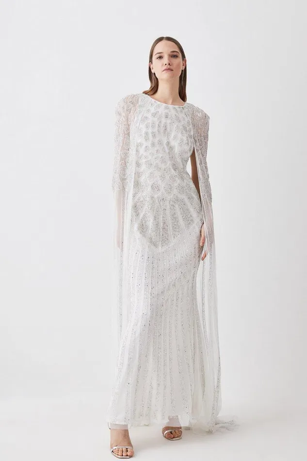 Dresses Women Karen Millen Premium Embellished Caped Maxi Dress Ivory