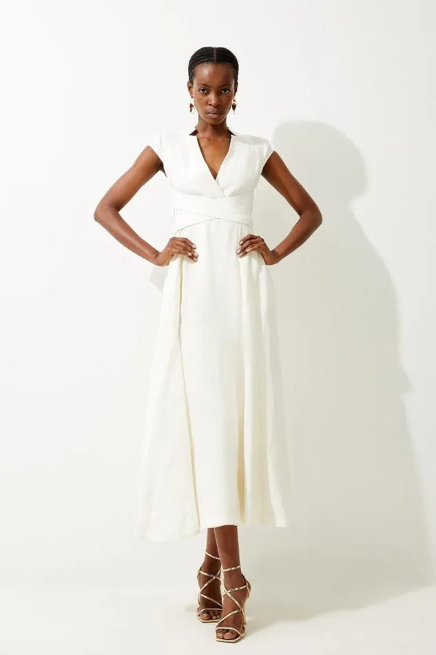 Dresses Women Karen Millen Premium Linen V Neck Wrap Detail Woven Midi Dress Ivory Dresses Women Karen Millen Premium Linen V Neck Wrap Detail Woven Midi Dress Ivory