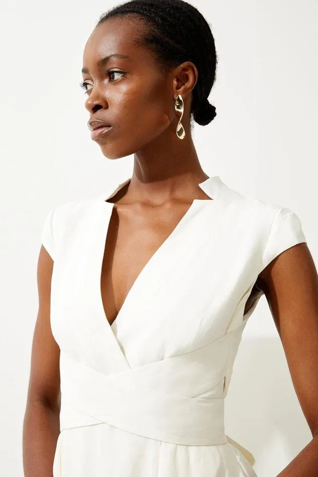 Dresses Women Karen Millen Premium Linen V Neck Wrap Detail Woven Midi Dress Ivory