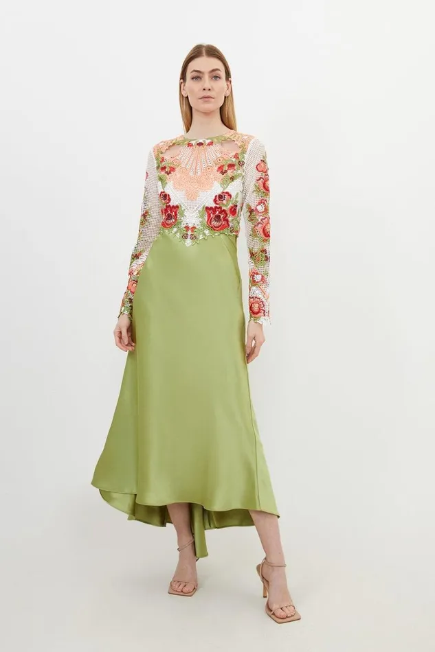 Dresses Women Karen Millen Premium Satin Guipure Lace Maxi Dress Sage