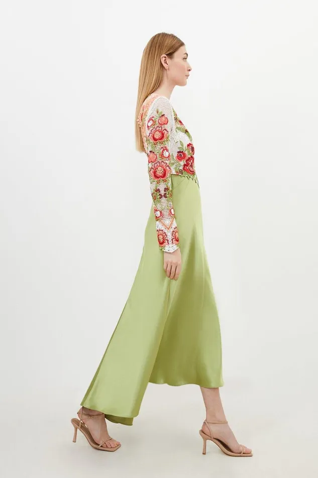 Dresses Women Karen Millen Premium Satin Guipure Lace Maxi Dress Sage