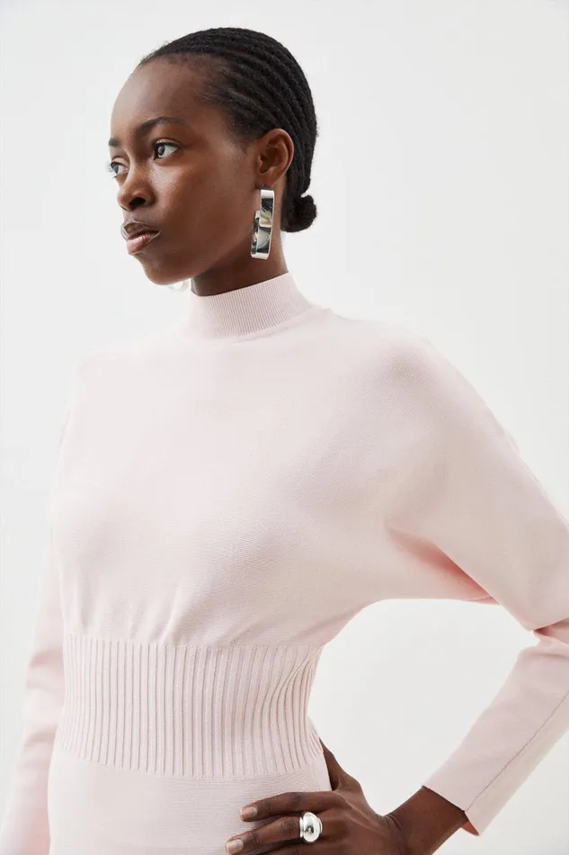 Dresses Women Karen Millen Premium Viscose Blend Body Contouring Cinched Waist Knit Batwing Dress Pale Pink