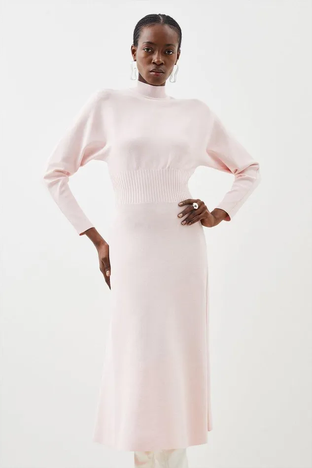 Dresses Women Karen Millen Premium Viscose Blend Body Contouring Cinched Waist Knit Batwing Dress Pale Pink