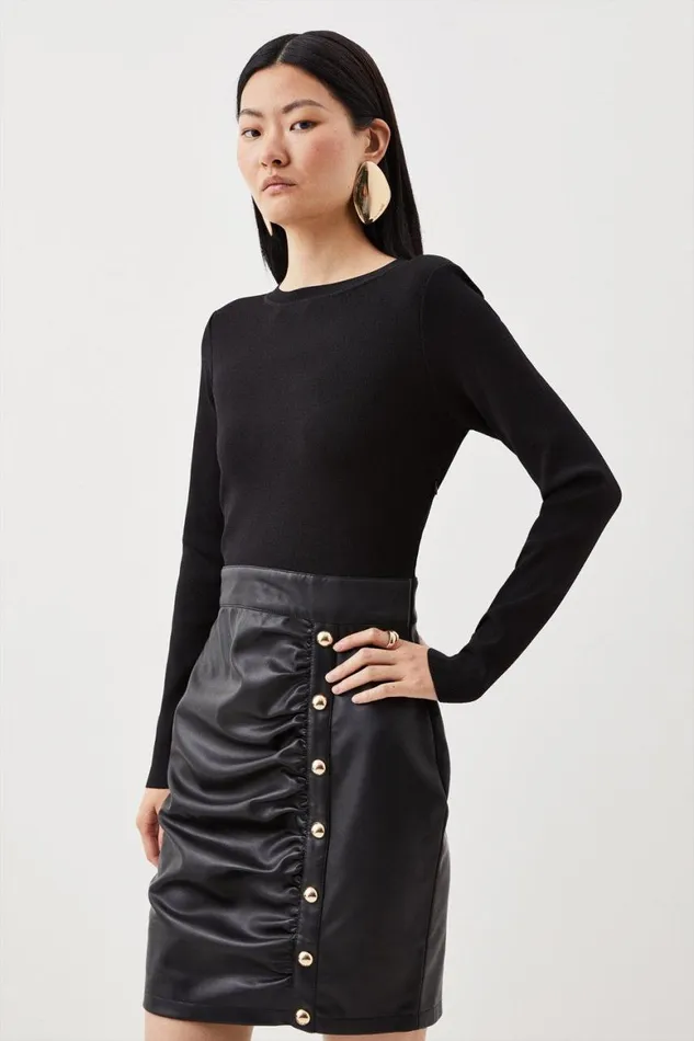 Dresses Women Karen Millen Pu Knit Ruched Skirt Midi Dress Black