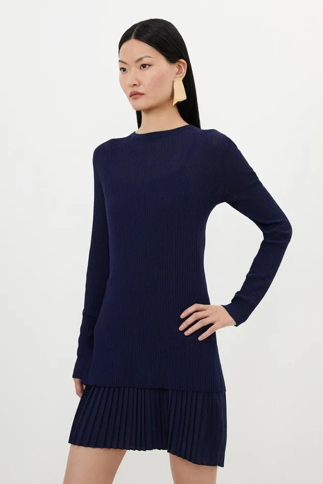 Dresses Women Karen Millen Rib Knitted 2 In 1 Dress With Georgette Pleated Slip Navy Dresses Women Karen Millen Rib Knitted 2 In 1 Dress With Georgette Pleated Slip Navy