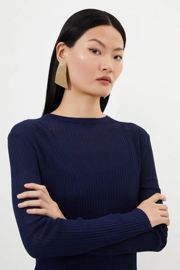 Dresses Women Karen Millen Rib Knitted 2 In 1 Dress With Georgette Pleated Slip Navy