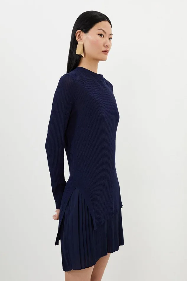 Dresses Women Karen Millen Rib Knitted 2 In 1 Dress With Georgette Pleated Slip Navy